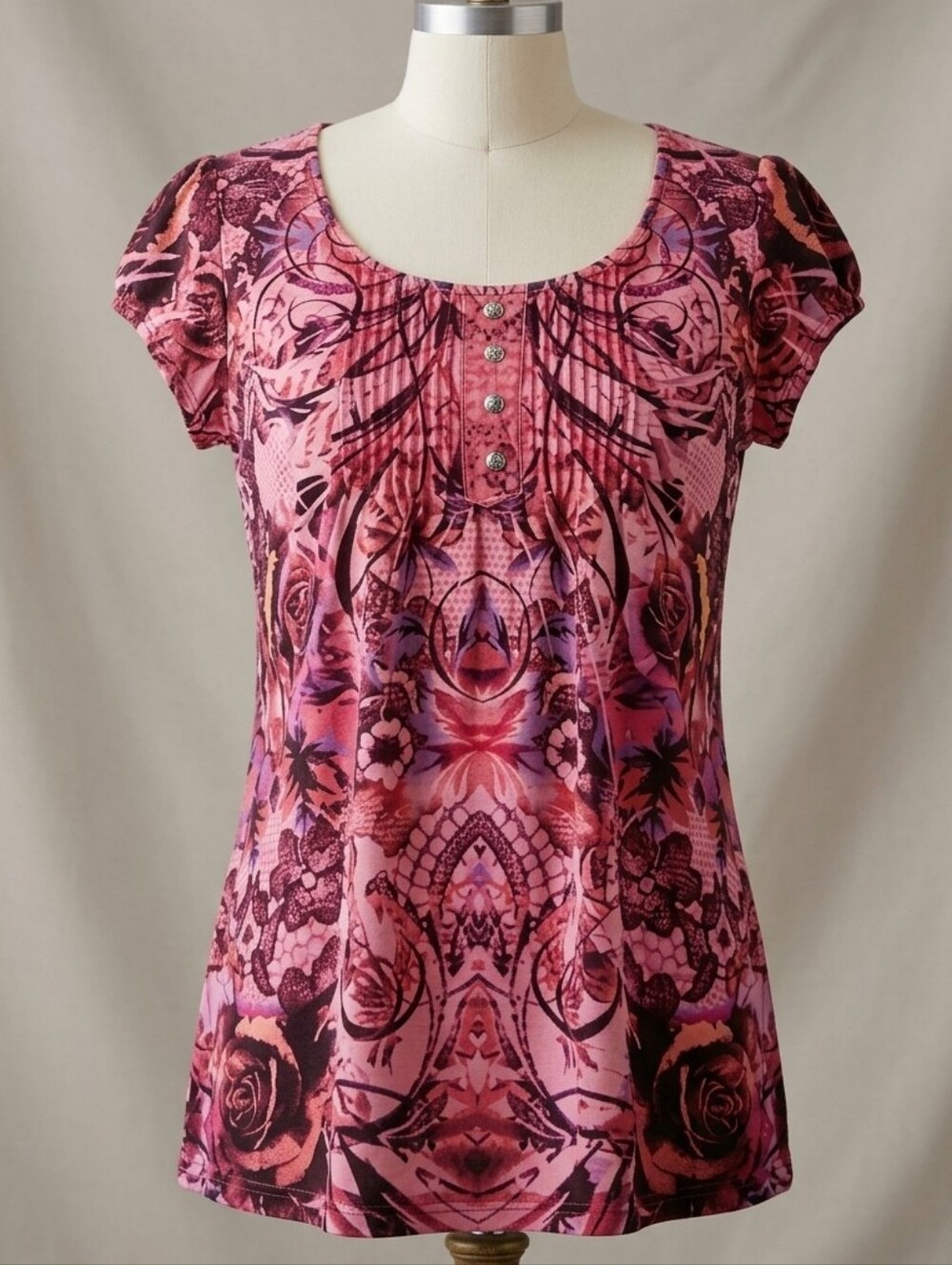Energe World Wear Pink Floral Rose Boho Bohemian Shirt Top Blouse